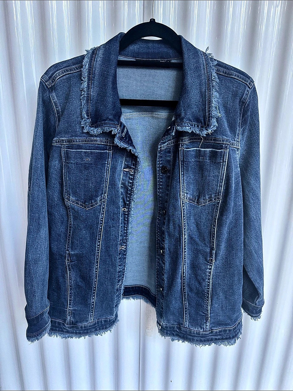 Susan Graver L Stretch Denim Button-Front Frayed Jean Jacket 14S2
